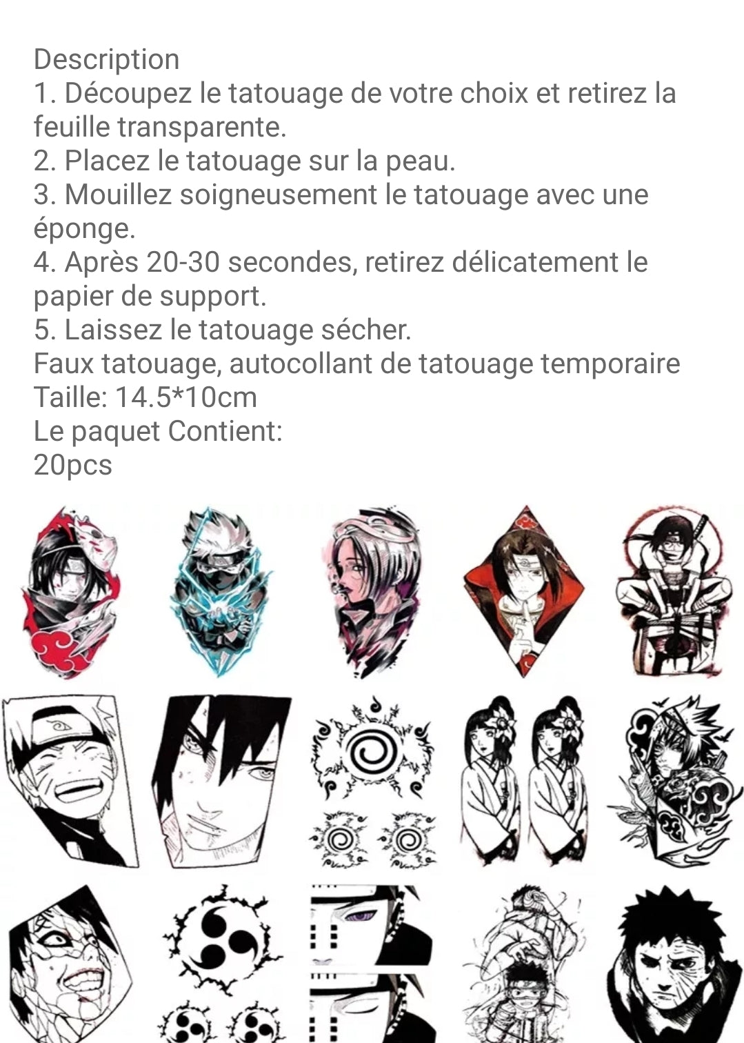 Tatouage naruto stickers temporaire lot 20 tatoo