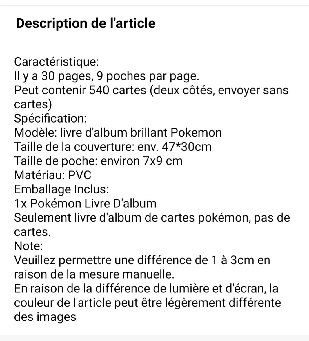 Album carte pokemon classeur pikachu protection 540 emplacement 30 pages